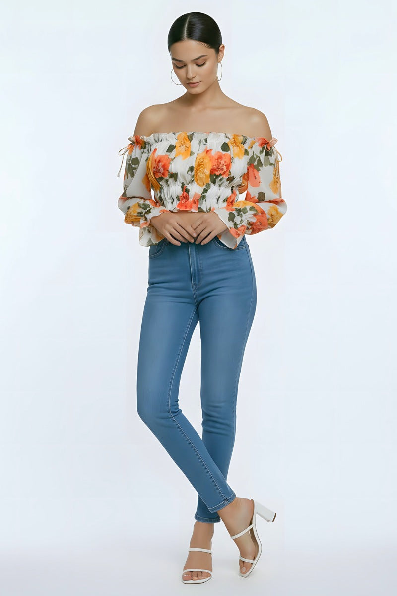 Floral Off Shoulder Ruffle Crop Top