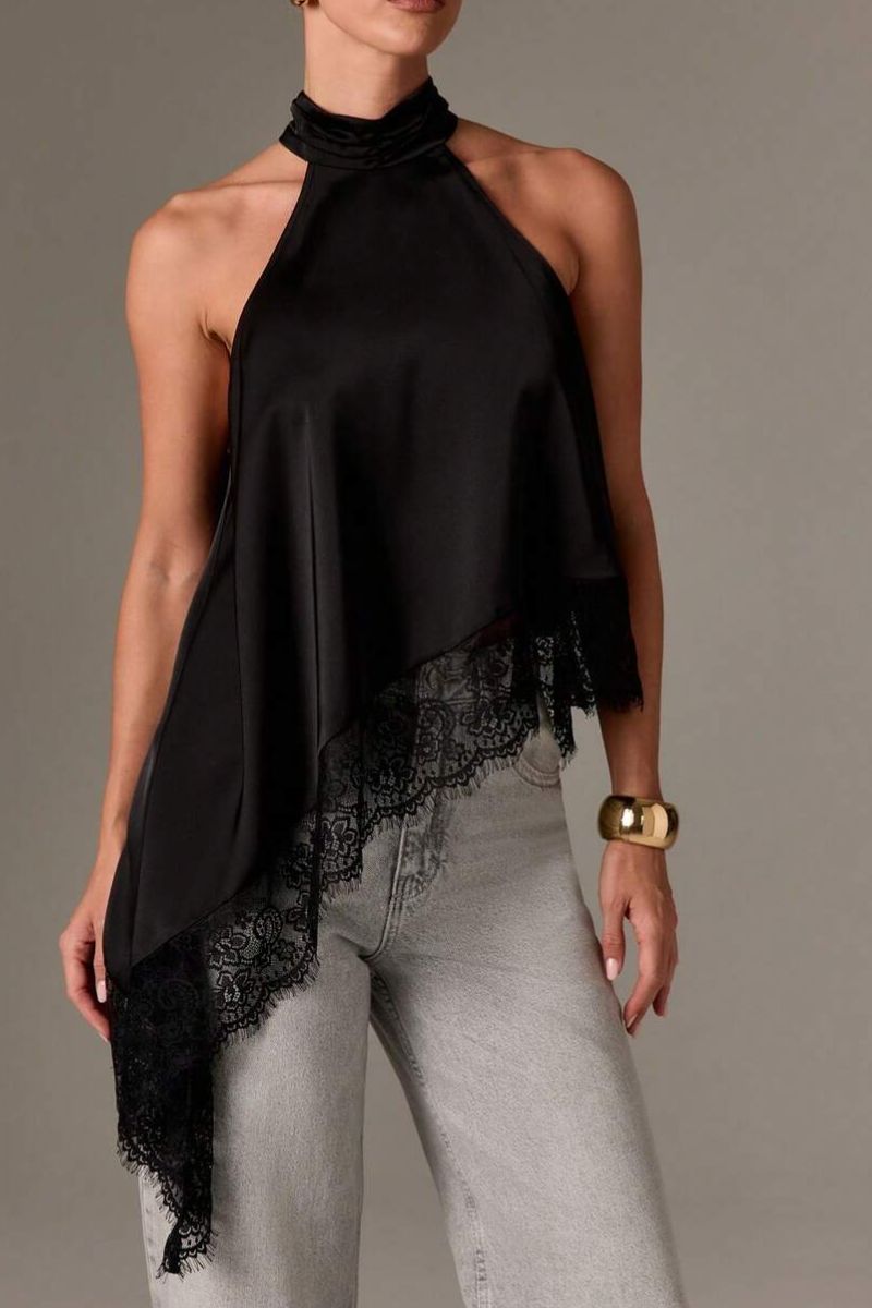 Satin Lace Trim Asymmetrical Top