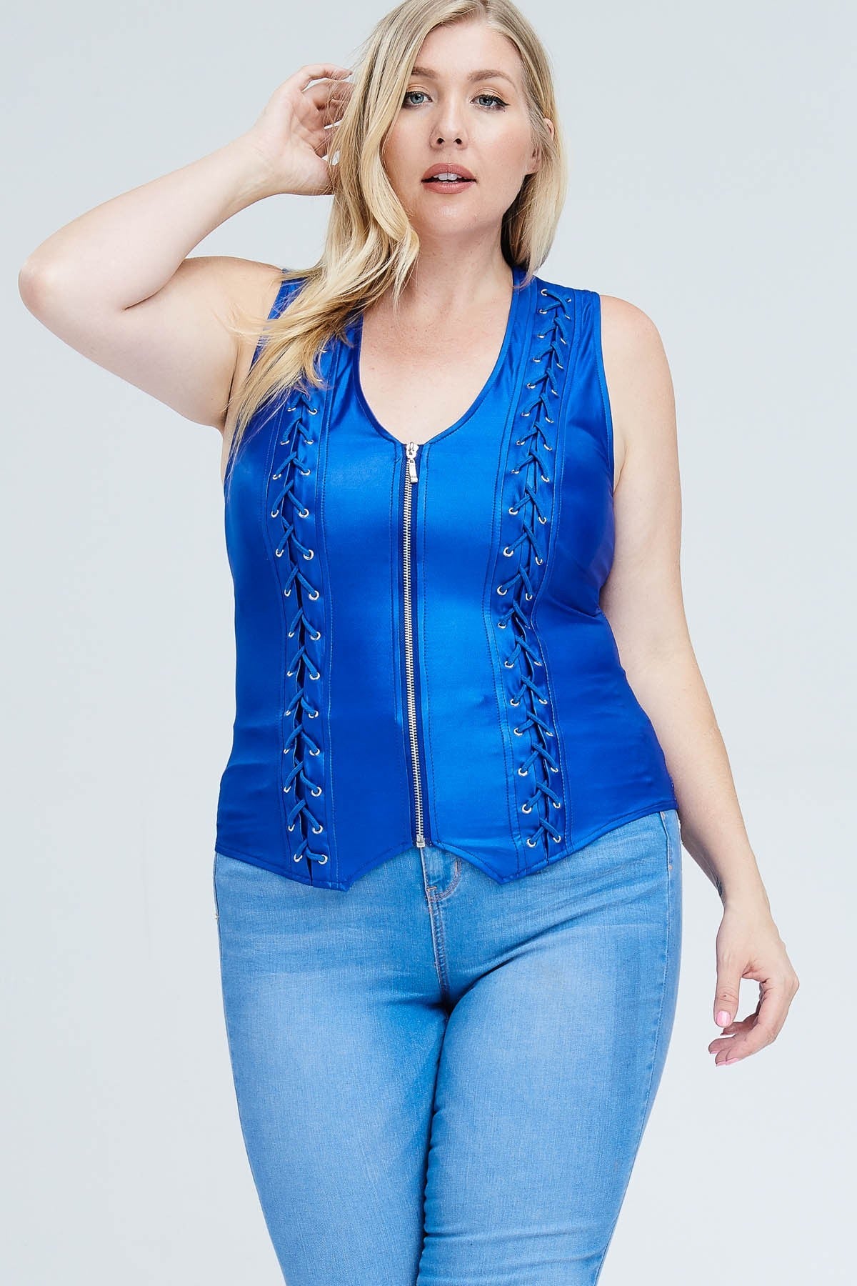 LACE-UP DETAIL ZIP UP SLEEVELESS TOP -PLUS