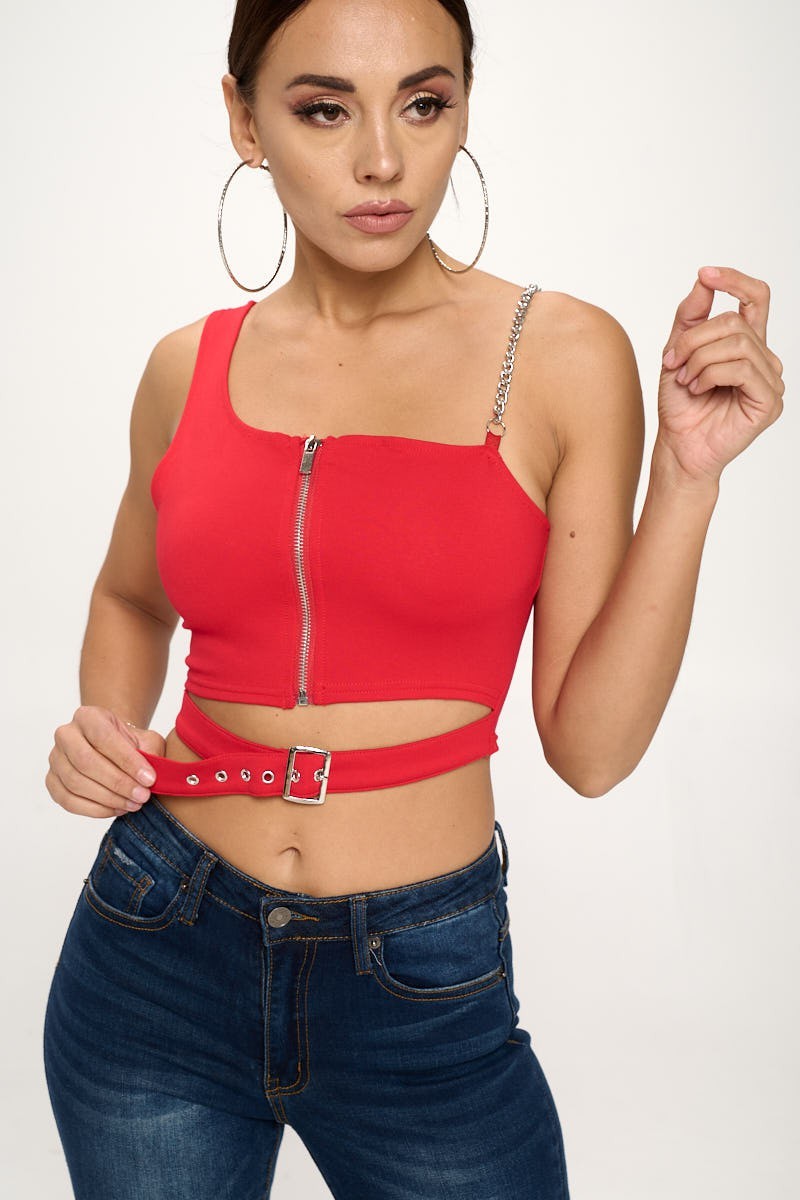 ZIP-UP ONE SHOULDER CUT OUT CHAIN SLEEVE CROP TOP