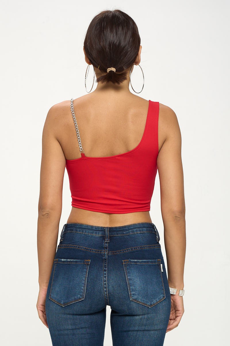 ZIP-UP ONE SHOULDER CUT OUT CHAIN SLEEVE CROP TOP