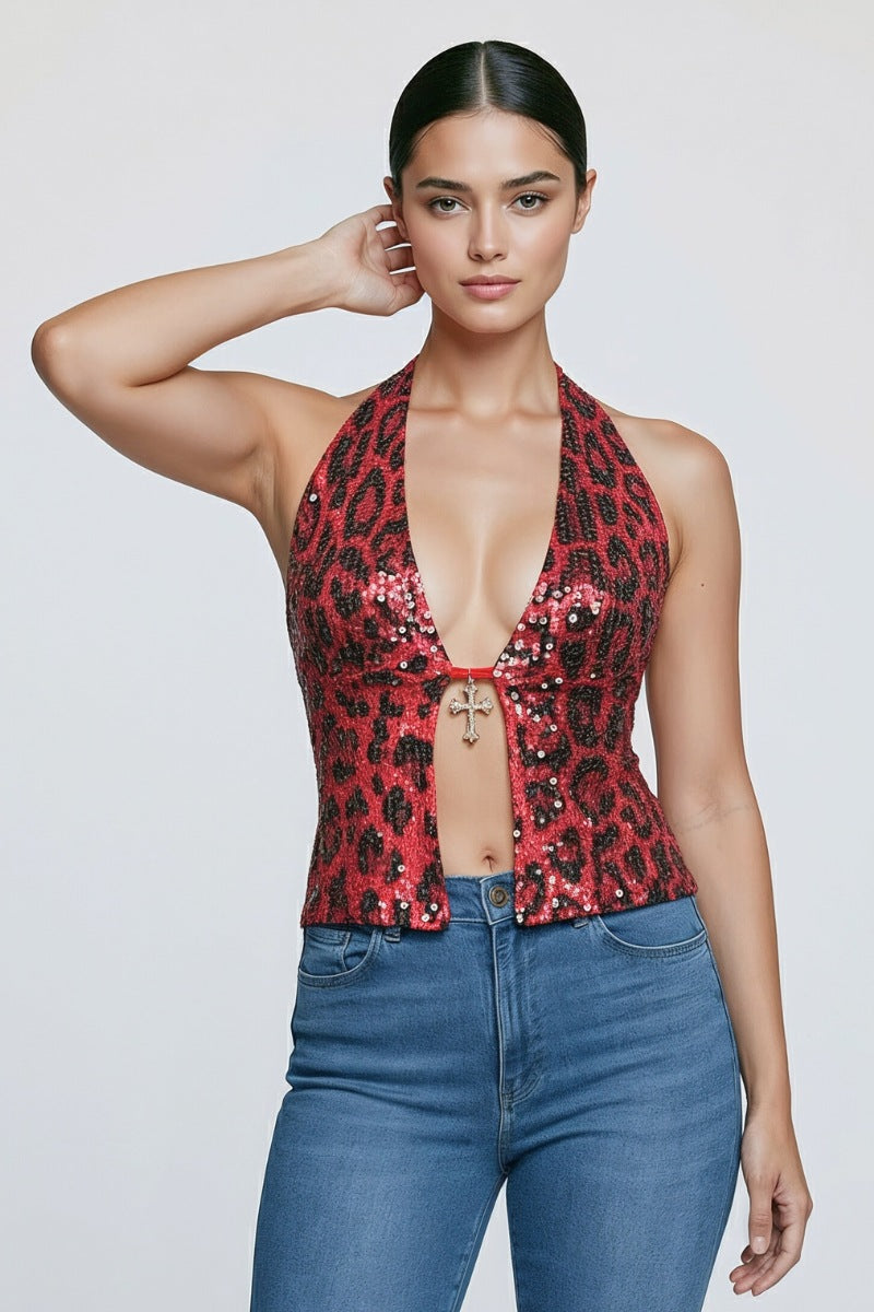 Sequin Print Halter Deep V Top