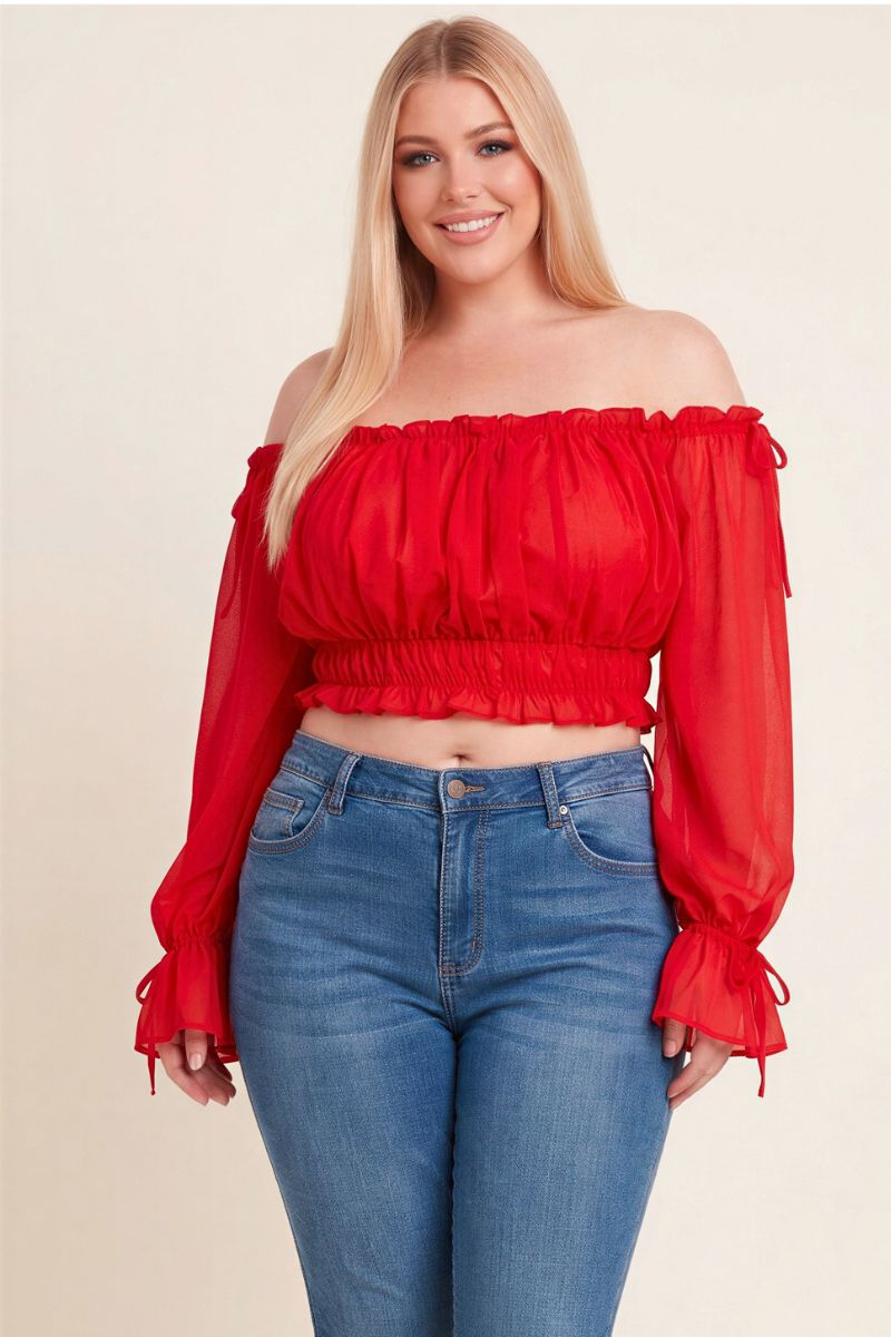 OFF SHOULDER RUFFLE TRIM KNOT SLEEVE CROP TOP PLUS