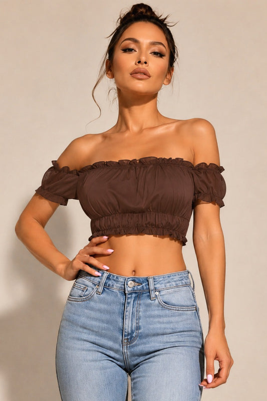 Sheer Ruffled Mesh Off-Shoulder Crop Top