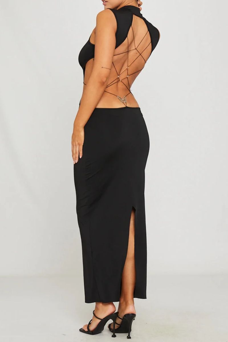 Open Back Crisscross Butterfly Detail Maxi Dress