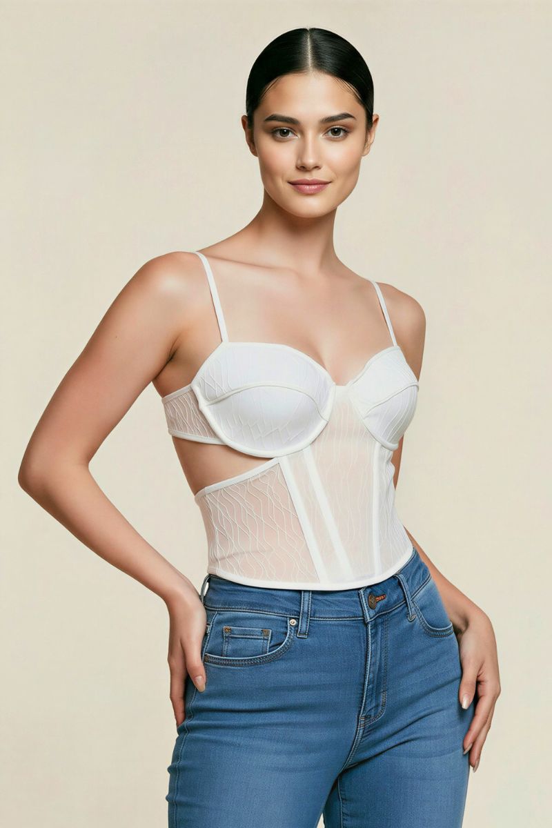 Textured Mesh Open Back Corset Top