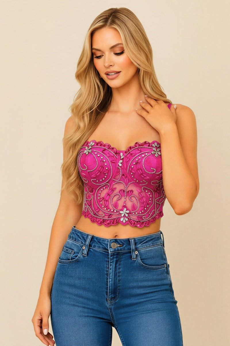 Glam Rhinestone Lace Bustier Top