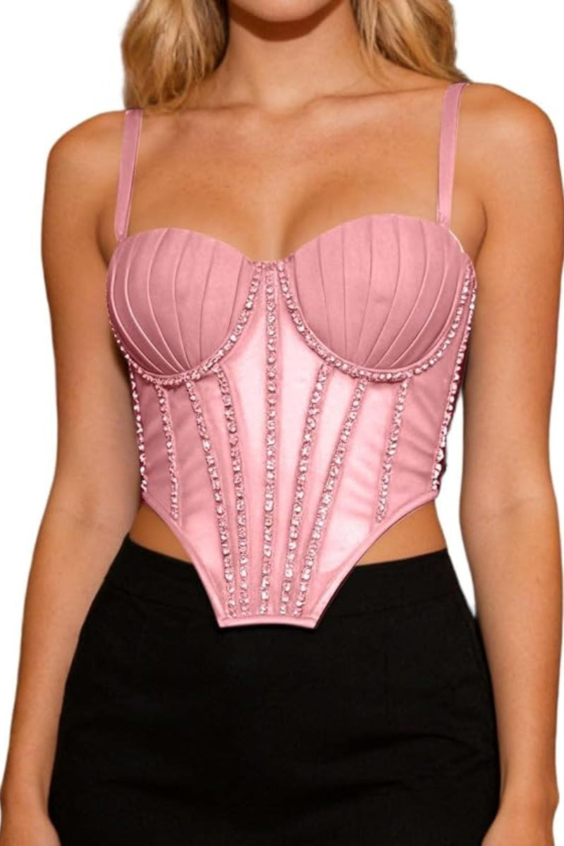 Sheer Mesh Rhinestone Corset Top