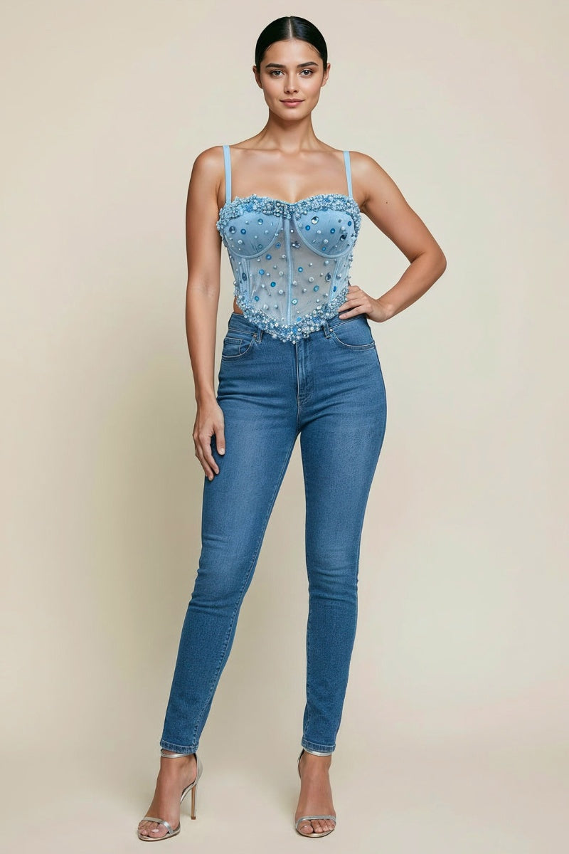 JEWEL BEAD EMBELLISHED MESH BONE CORSET CROP TOP