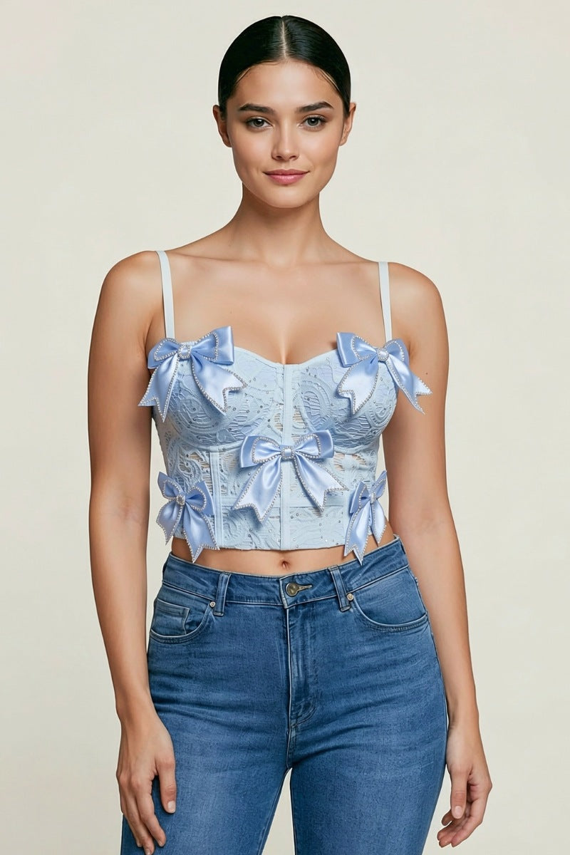 RHINESTONE EMBELLISHED BOW TRIMS BUSTIER CROP TOP