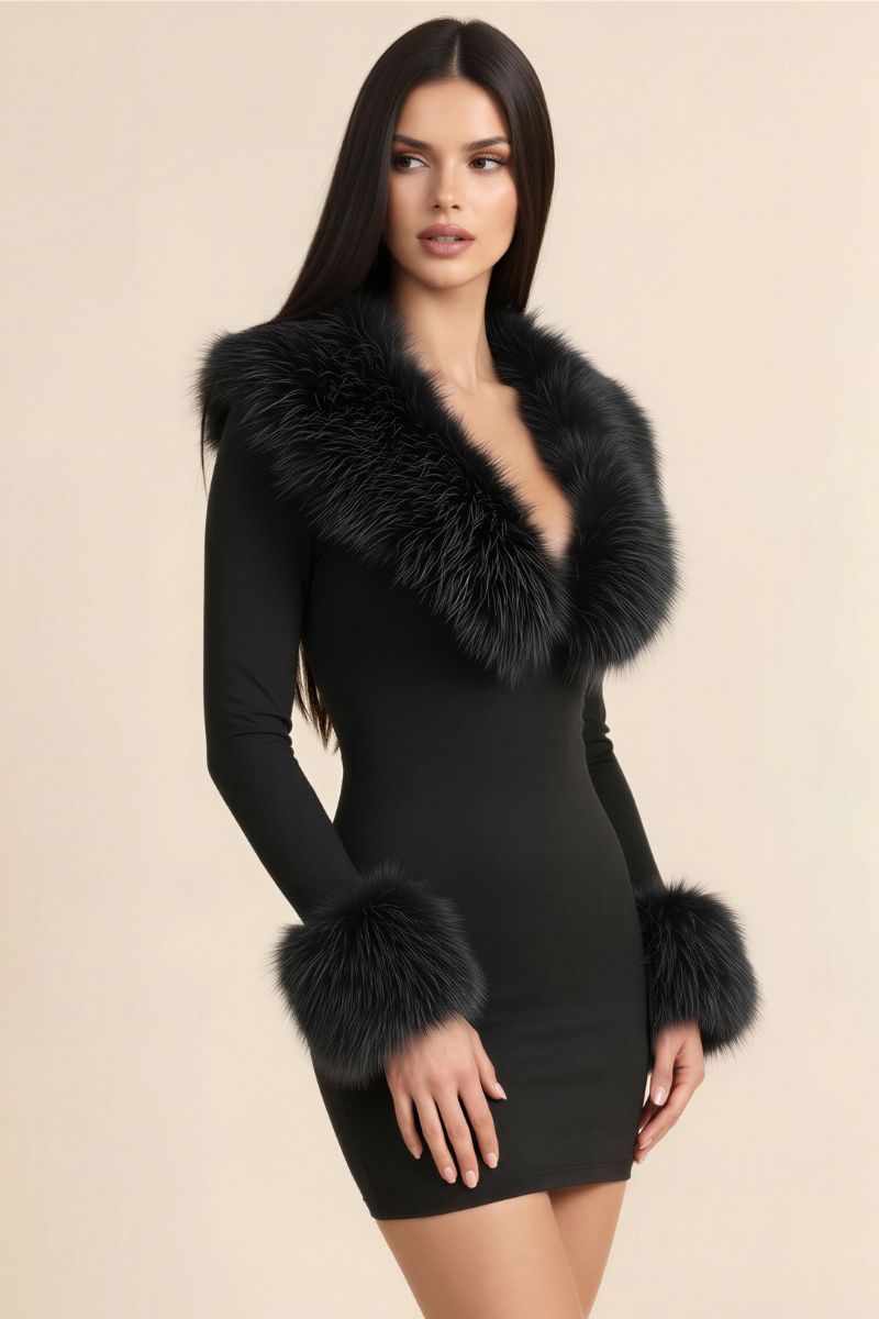 Luxe Faux Fur Plunging V-Neck Mini Dress