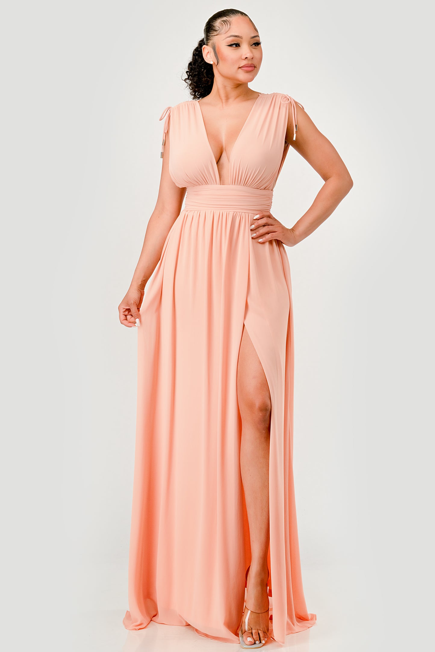 PLUNGING NECKLINE LACE UP SHOULDER SLIT MAXI DRESS