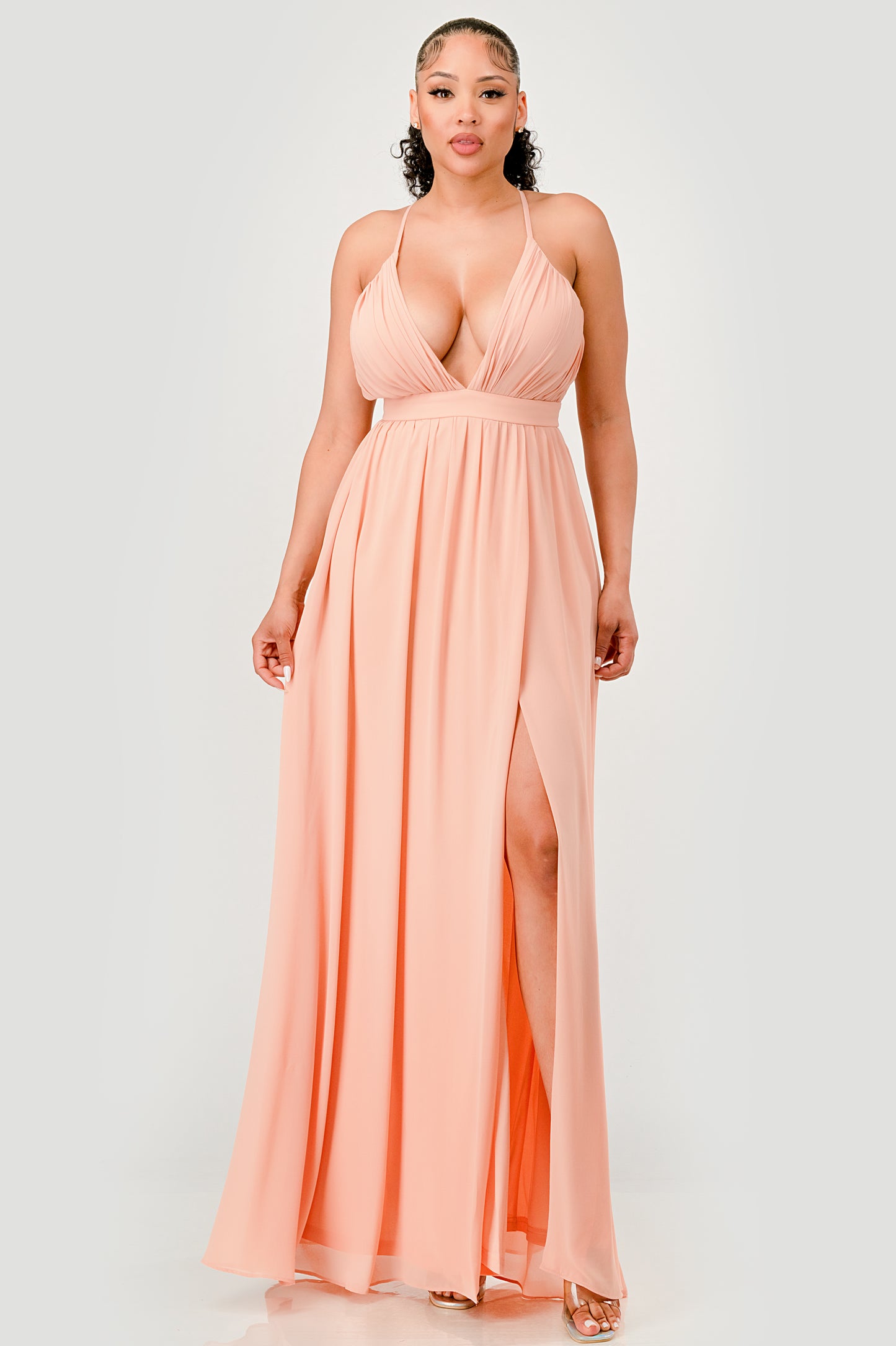 PLEATED CHIFFON PLUNGING V NECKLINE MAXI DRESS