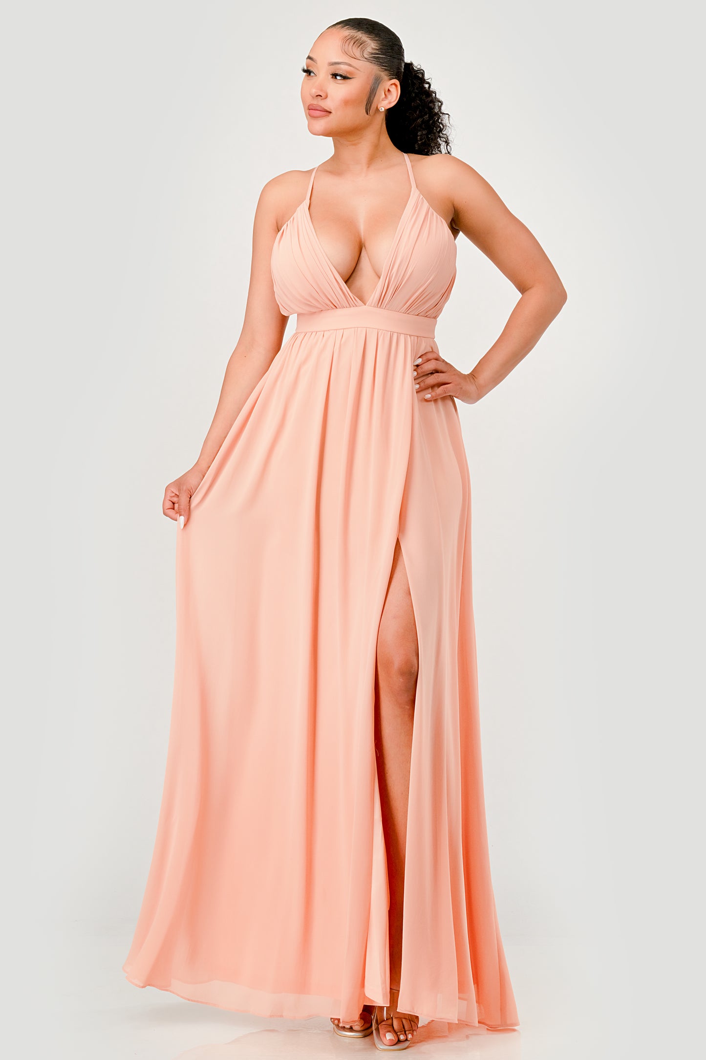 PLEATED CHIFFON PLUNGING V NECKLINE MAXI DRESS