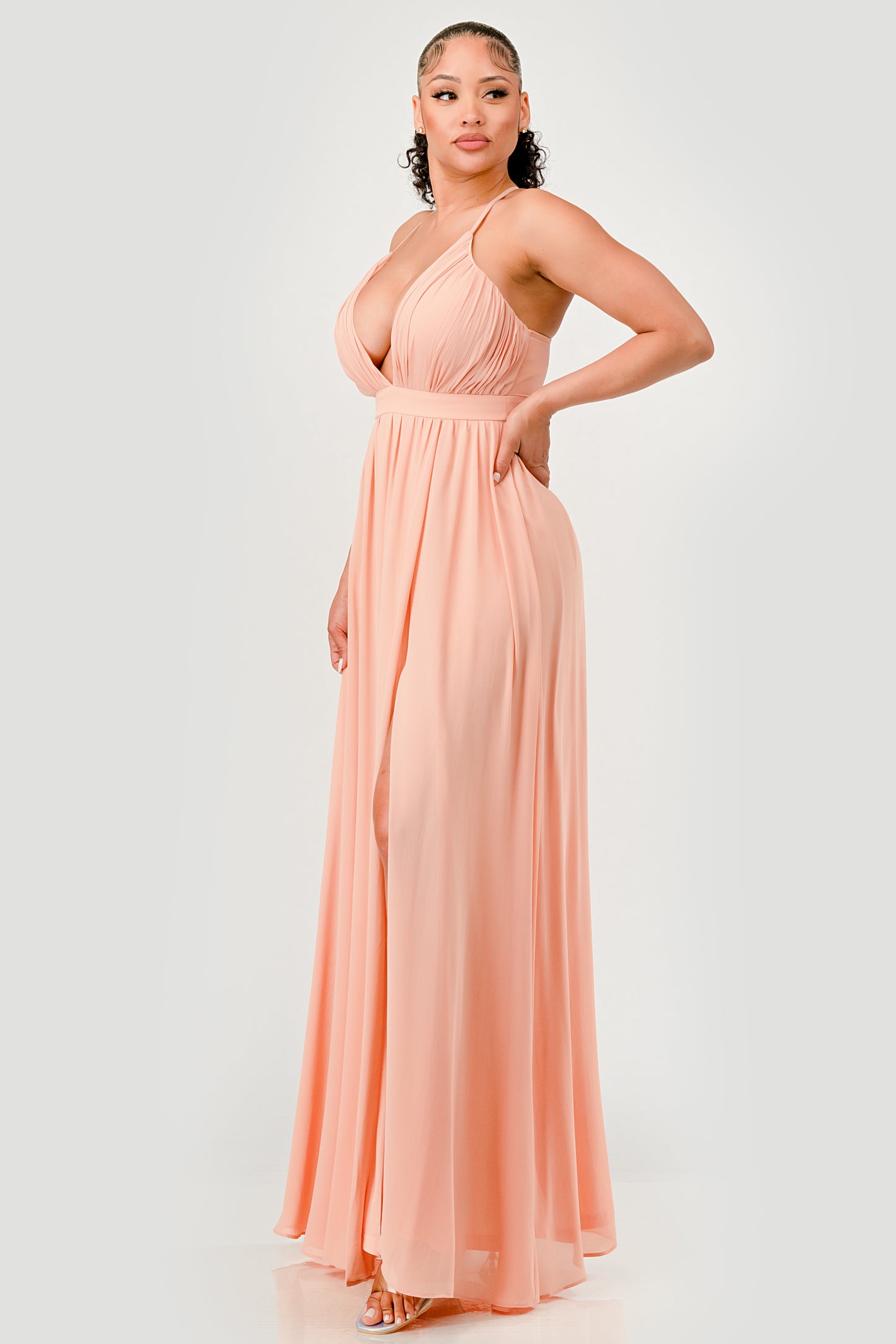 PLEATED CHIFFON PLUNGING V NECKLINE MAXI DRESS