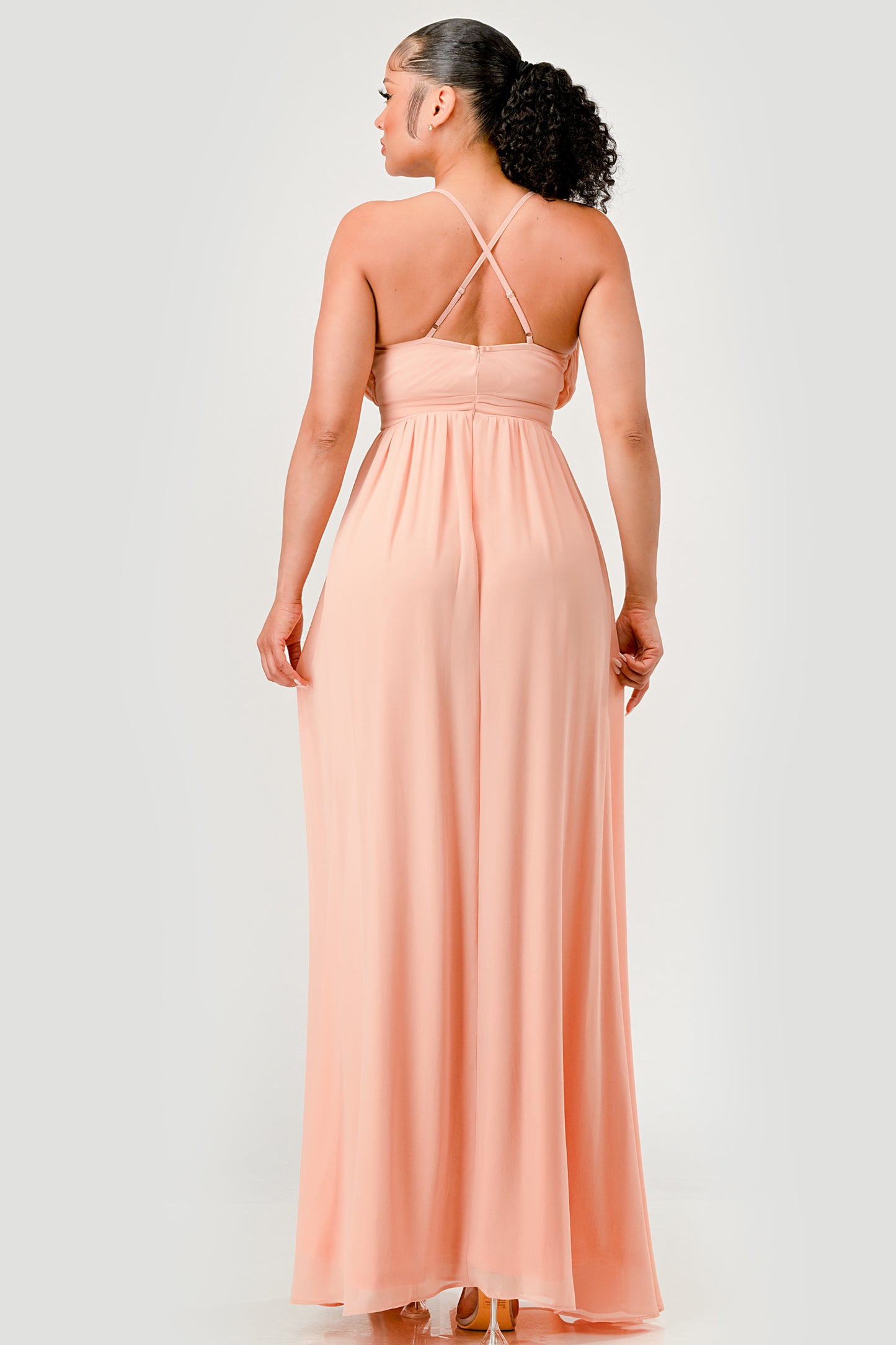 PLEATED CHIFFON PLUNGING V NECKLINE MAXI DRESS