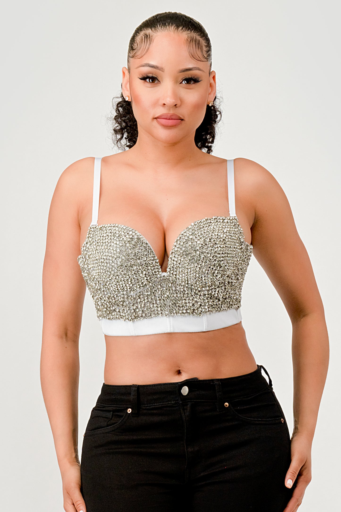 RHINESTONE EMBELLISHED CROPPED BUSTIER CROP TOP