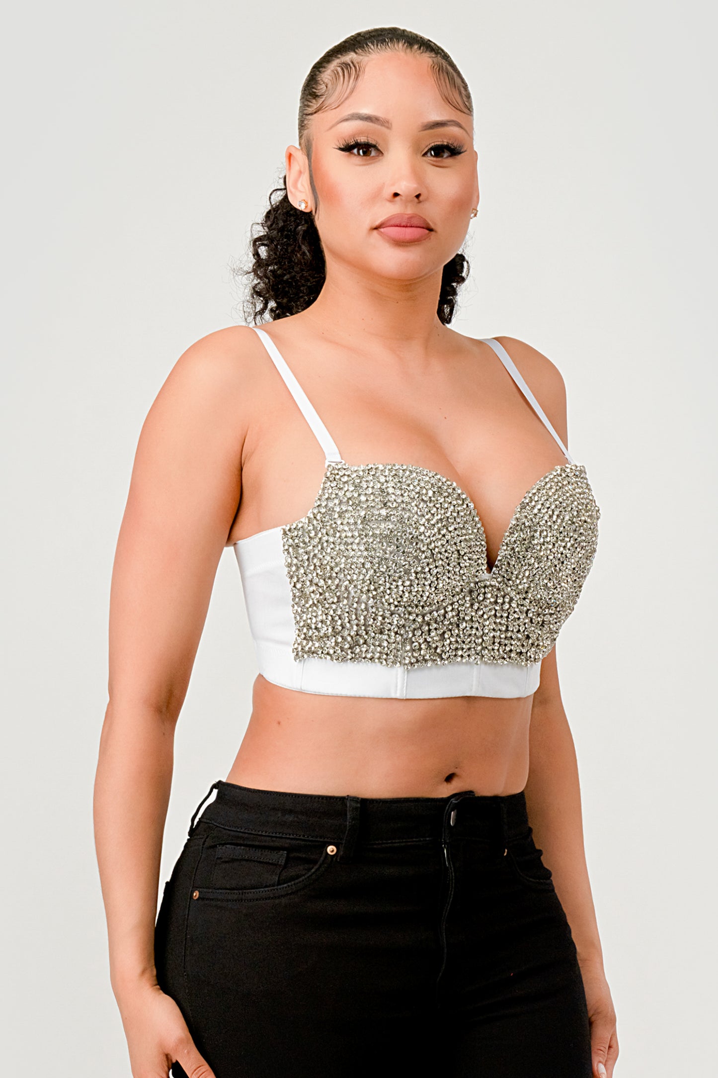 RHINESTONE EMBELLISHED CROPPED BUSTIER CROP TOP