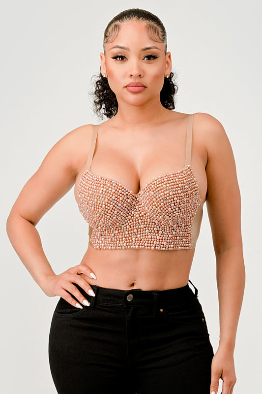 PEARL BEAD RHINESTONE EMBELLISHED BUSTIER CROP TOP