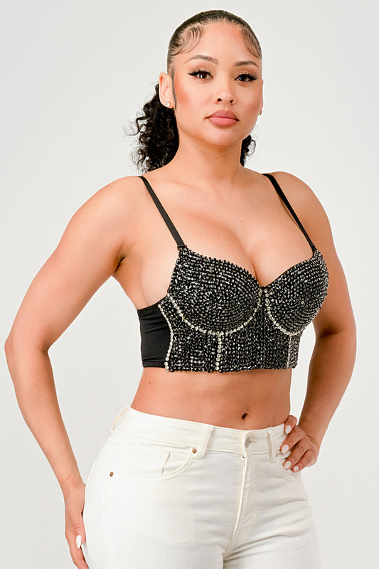SEQUINED RHINESTONE TRIM EMBELLISHED CROPPED BUSTIER