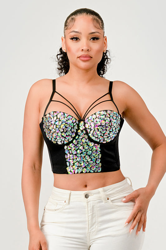 AB RHINESTONE EMBELLISHED CORSET BUSTIER CROP TOP