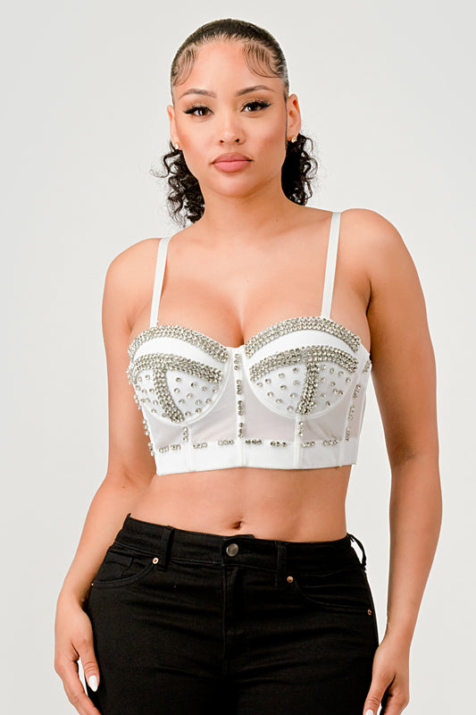 RHINESTONE BEAD EMBELLISHED DETAIL BUSTIER CROP TOP