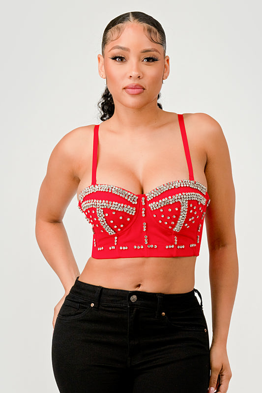 RHINESTONE BEAD EMBELLISHED DETAIL BUSTIER CROP TOP