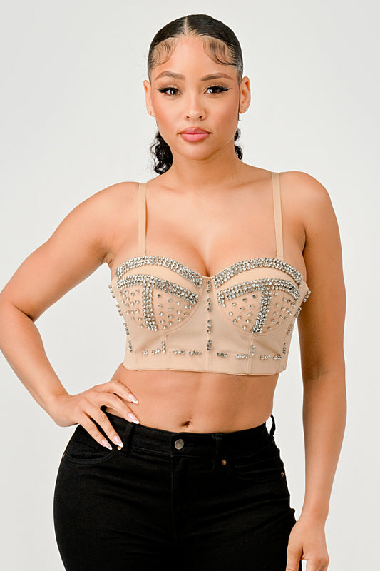 RHINESTONE BEAD EMBELLISHED DETAIL BUSTIER CROP TOP