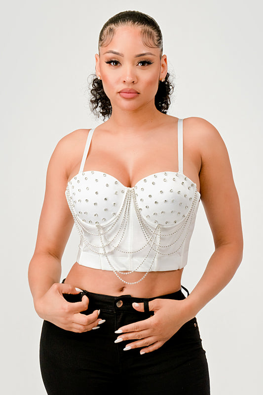 CRYSTAL RHINESTONE DAZZLING CHAIN BUSTIER CROP TOP