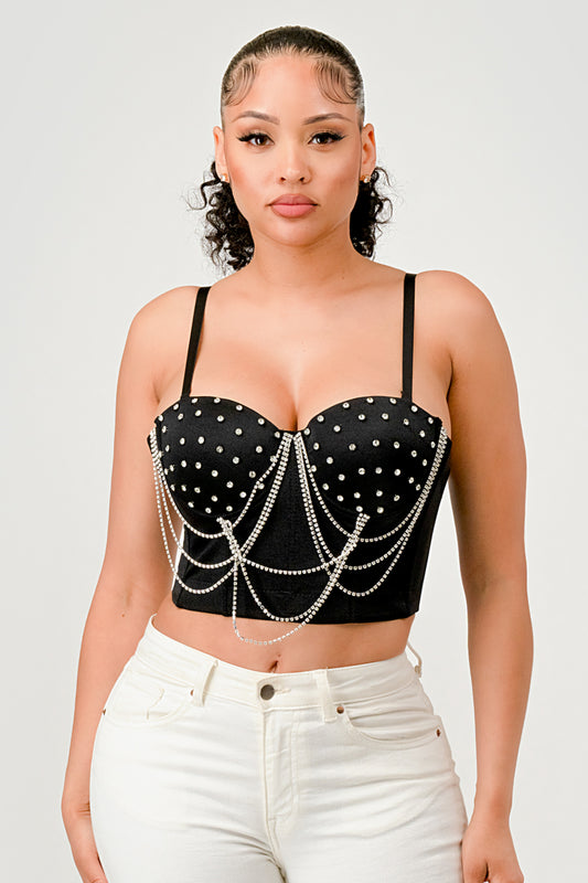 CRYSTAL RHINESTONE DAZZLING CHAIN BUSTIER CROP TOP