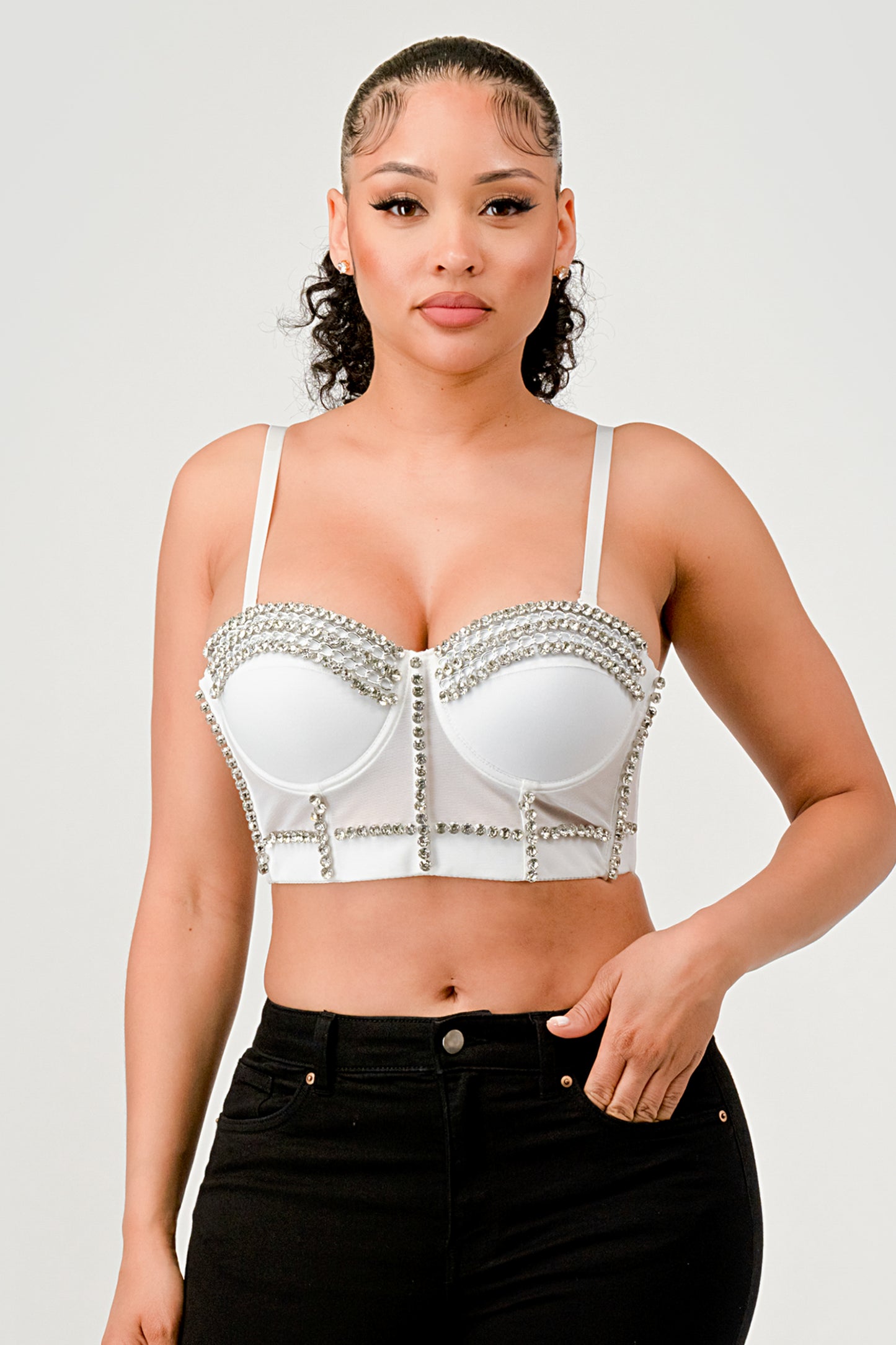 CRYSTAL RHINESTONE CHAIN EMBELLISHED BUSTIER TOP