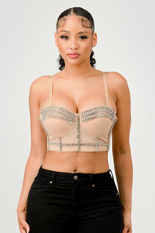 CRYSTAL RHINESTONE CHAIN EMBELLISHED BUSTIER CROP TOP