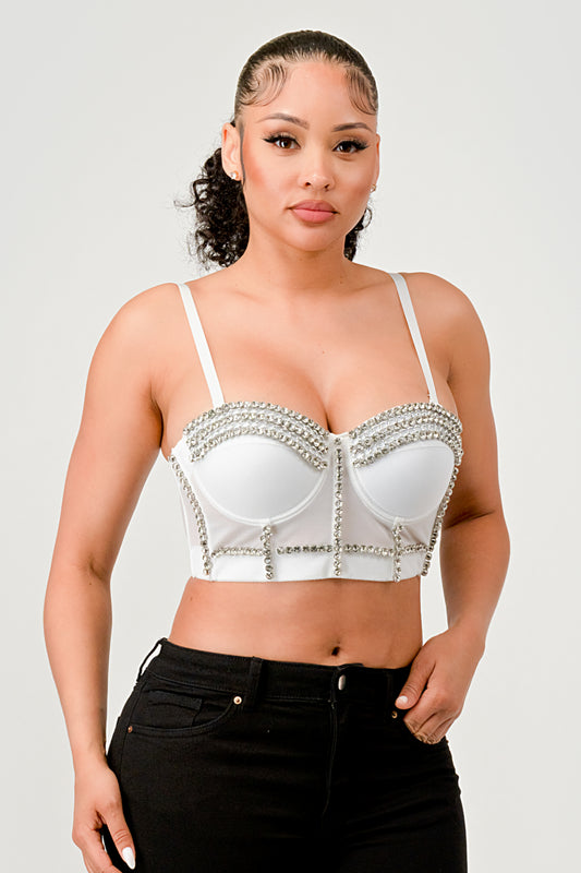 CRYSTAL RHINESTONE CHAIN EMBELLISHED BUSTIER CROP TOP