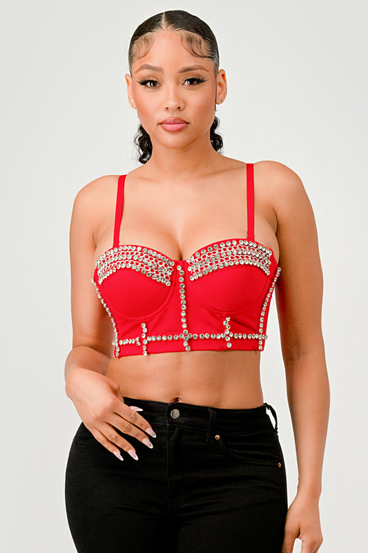 CRYSTAL RHINESTONE CHAIN EMBELLISHED BUSTIER CROP TOP