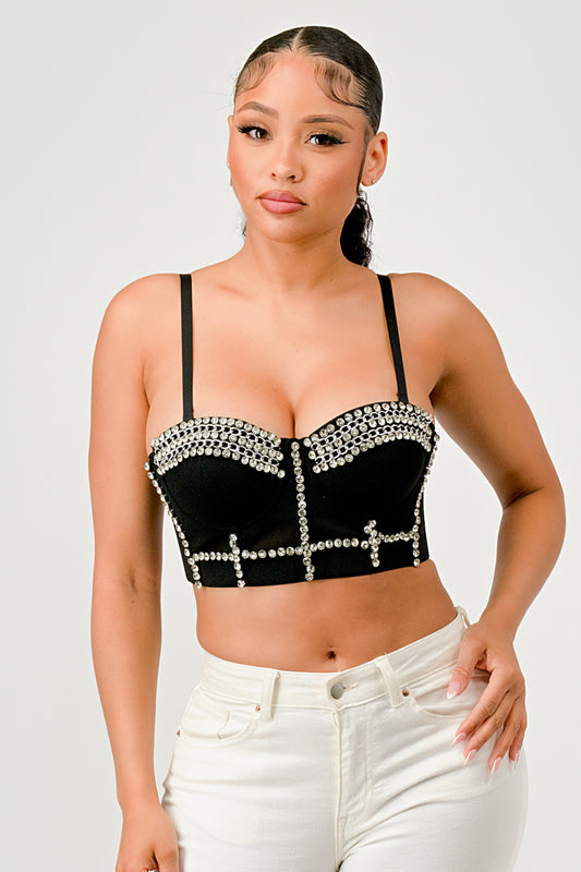 CRYSTAL RHINESTONE CHAIN EMBELLISHED BUSTIER CROP TOP