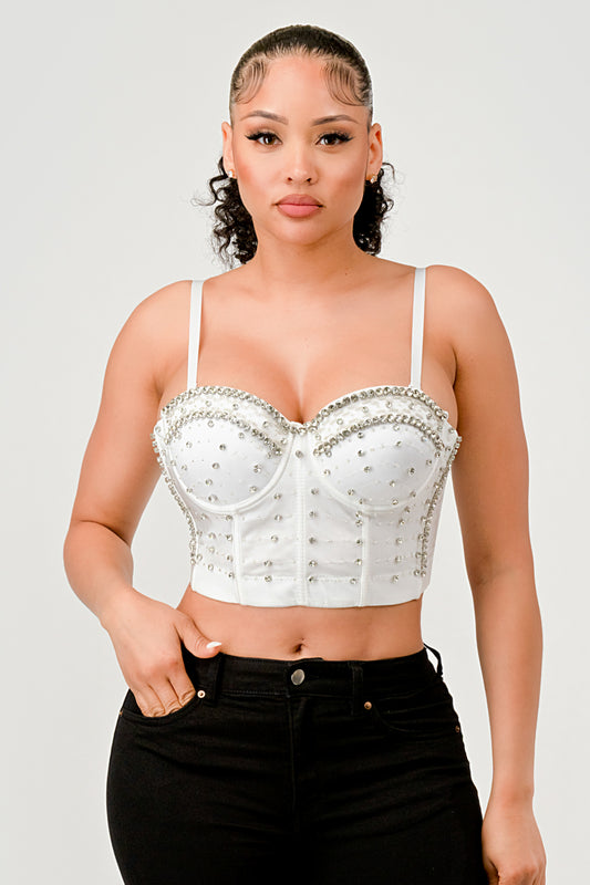 RHINESTONE & BEAD TRIM EMBELLISHED CROPPED BUSTIER