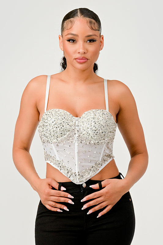 SEQUIN BEADED CRYSTAL STONE EMBELLISHED CORSET CROP TOP