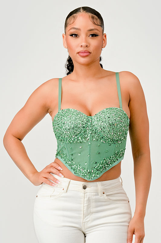 SEQUIN BEADED CRYSTAL STONE EMBELLISHED CORSET CROP TOP