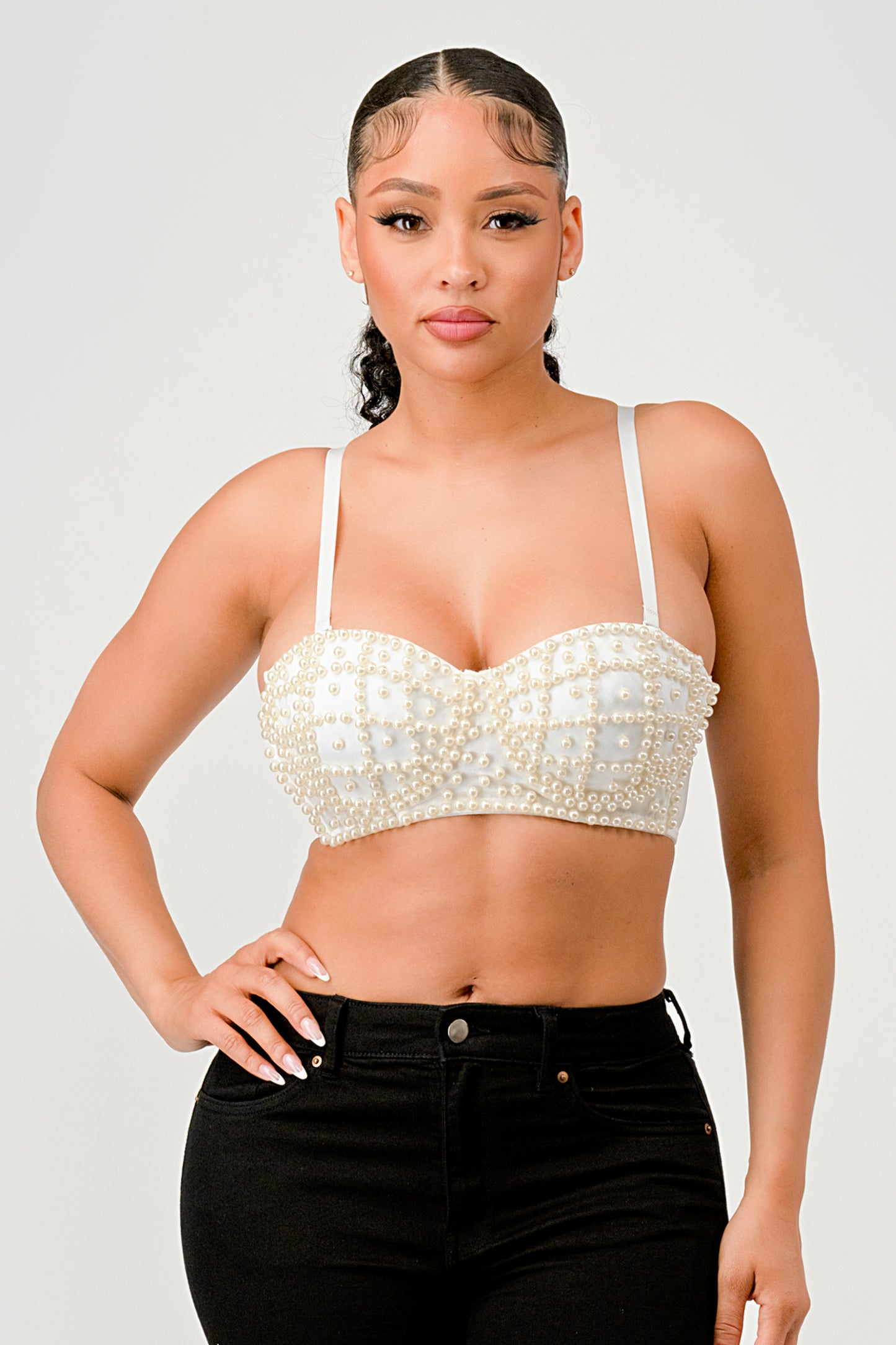 PEARL BEAD TRIM DETAIL CROPPED BRALETTE TOP