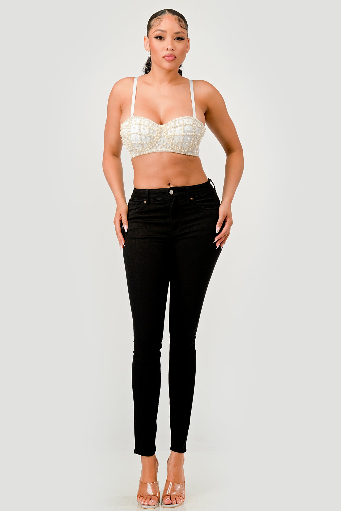 PEARL BEAD TRIM DETAIL CROPPED BRALETTE TOP