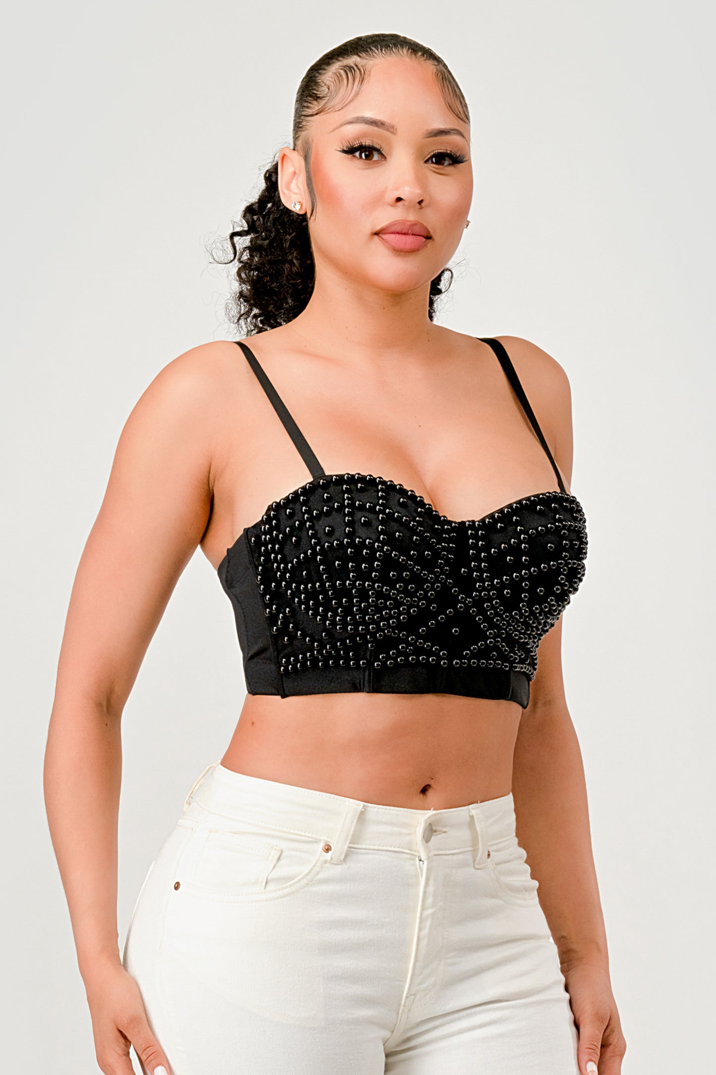 PEARL BEAD TRIM DETAIL CROPPED BRALETTE TOP