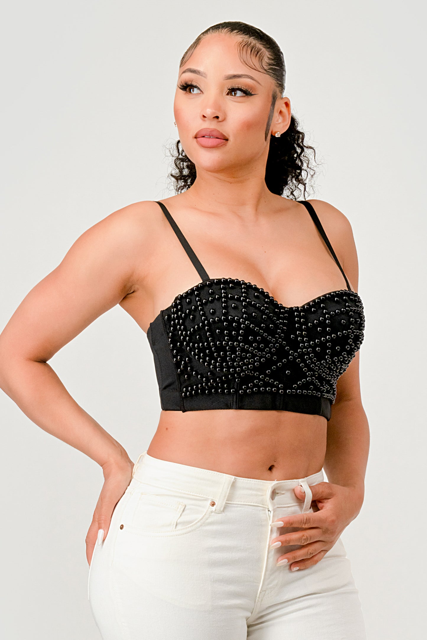 PEARL BEAD TRIM DETAIL CROPPED BRALETTE TOP