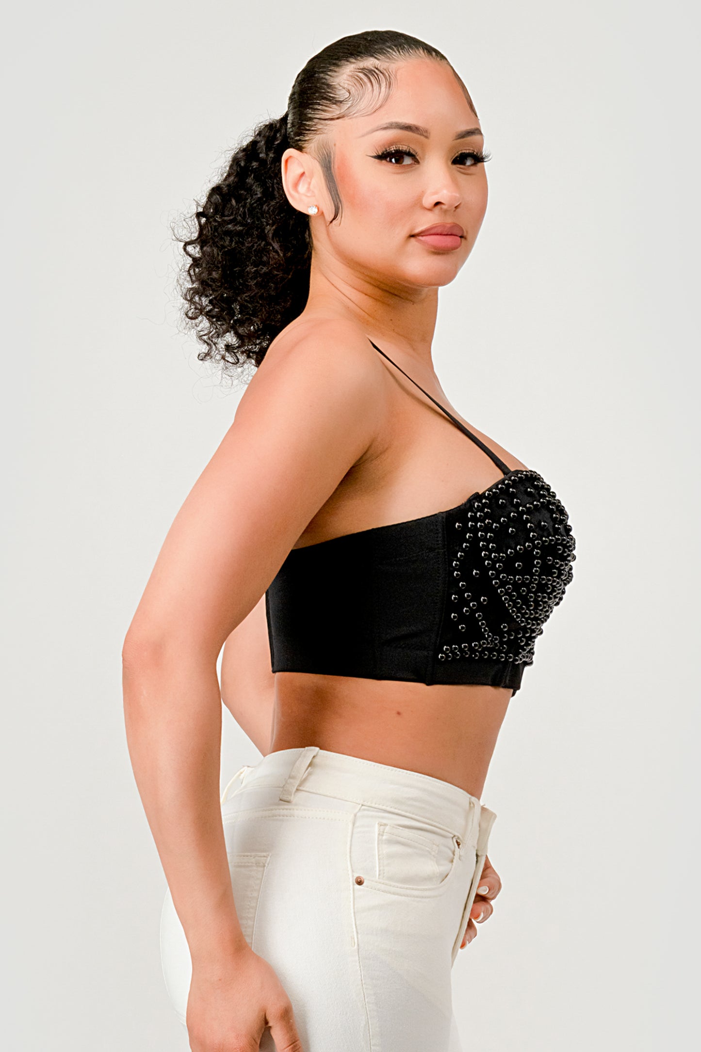 PEARL BEAD TRIM DETAIL CROPPED BRALETTE TOP