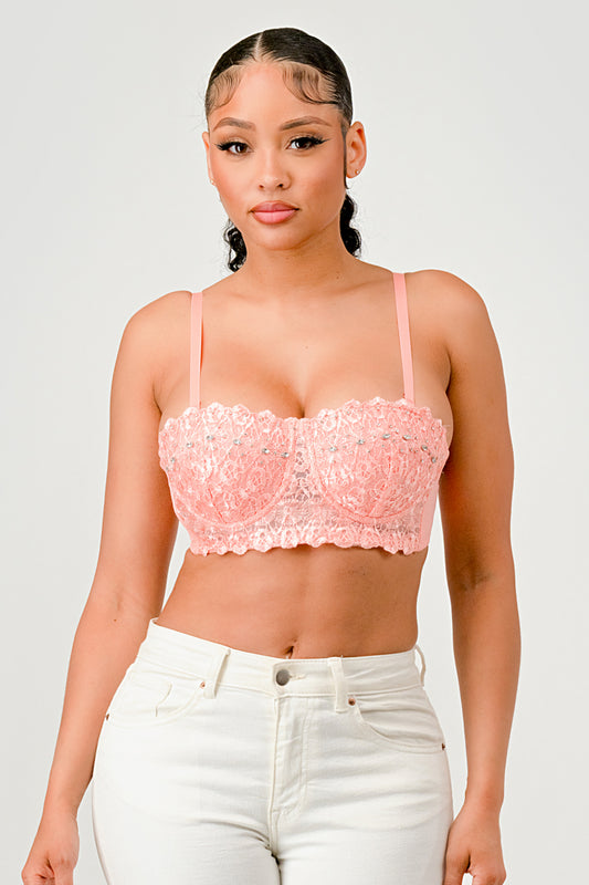 DIAMOND SHAPE CRYSTAL BEADED LACE BRALETTE TOP