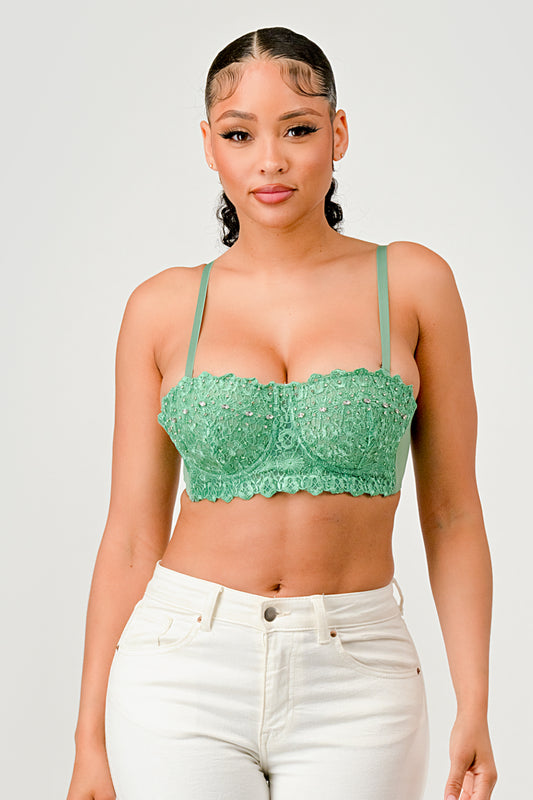 DIAMOND SHAPE CRYSTAL BEADED LACE BRALETTE TOP