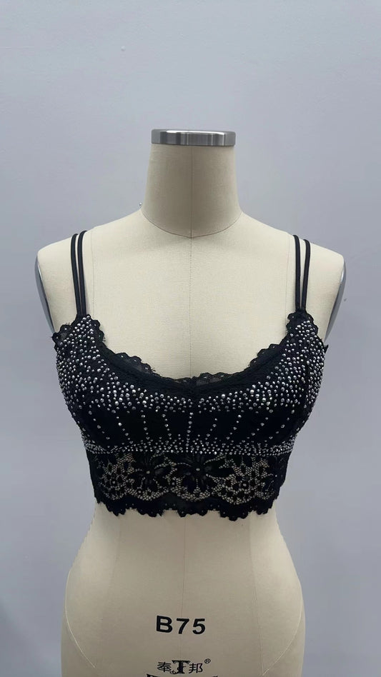 RHINESTONE EMBELLISHED DOUBLE STRAPS LACE CROP CAMISOLE