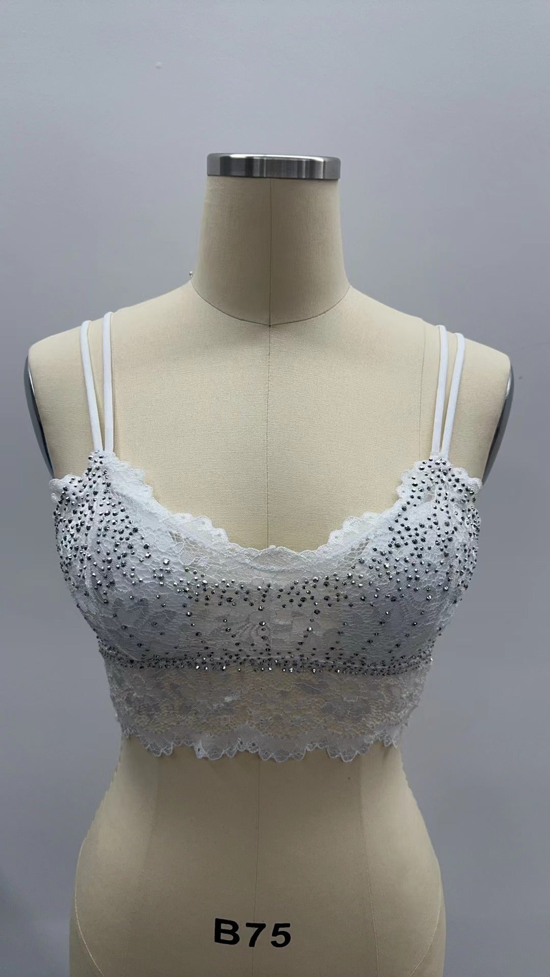 RHINESTONE EMBELLISHED DOUBLE STRAPS LACE CROP CAMISOLE