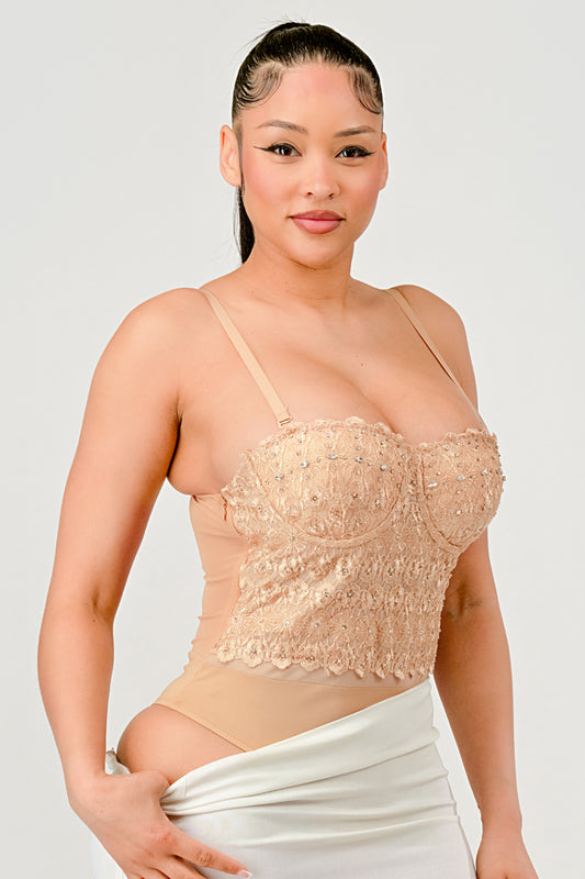 Reigning Lace Beaded Bustier Bodysuit