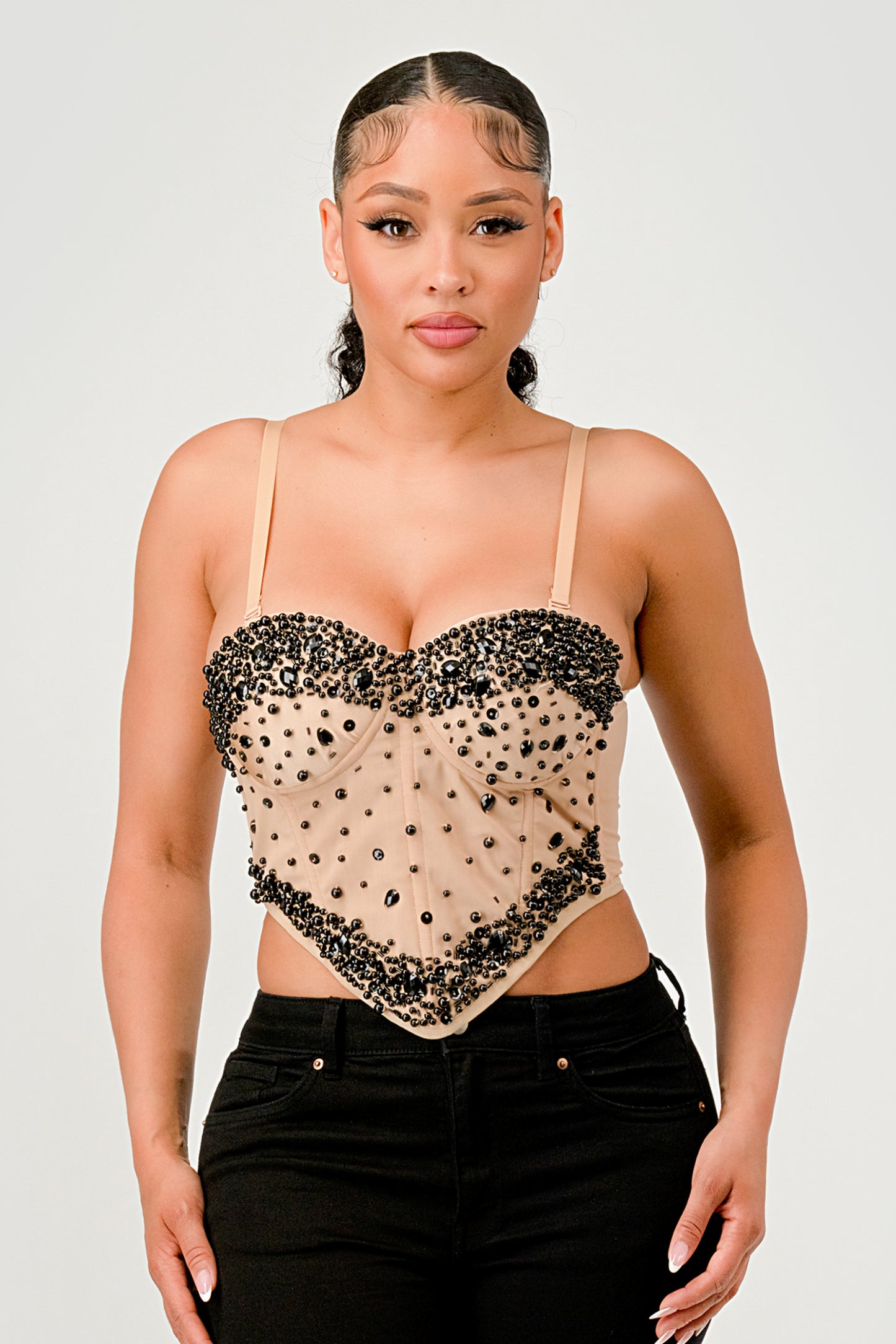 JEWEL BEAD EMBELLISHED MESH BONE CORSET CROP TOP