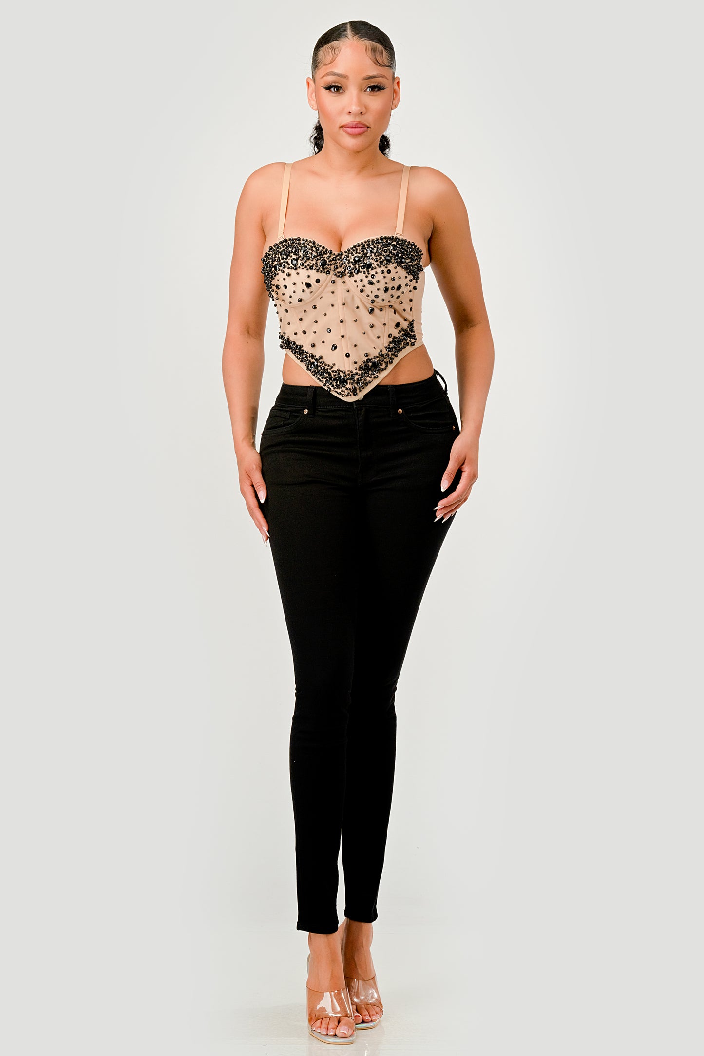 JEWEL BEAD EMBELLISHED MESH BONE CORSET CROP TOP